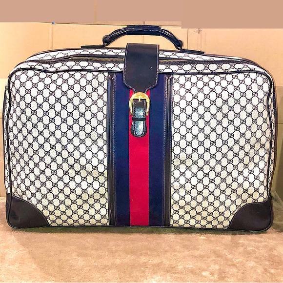 GUCCI SUPREME Sherry Line Soft Sided Coated Canvas Navy GG Web Monogram Suitcase - Picture 1 of 17